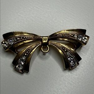 Vintage Gold tone Bow Brooch with rhinestone Accents art deco style